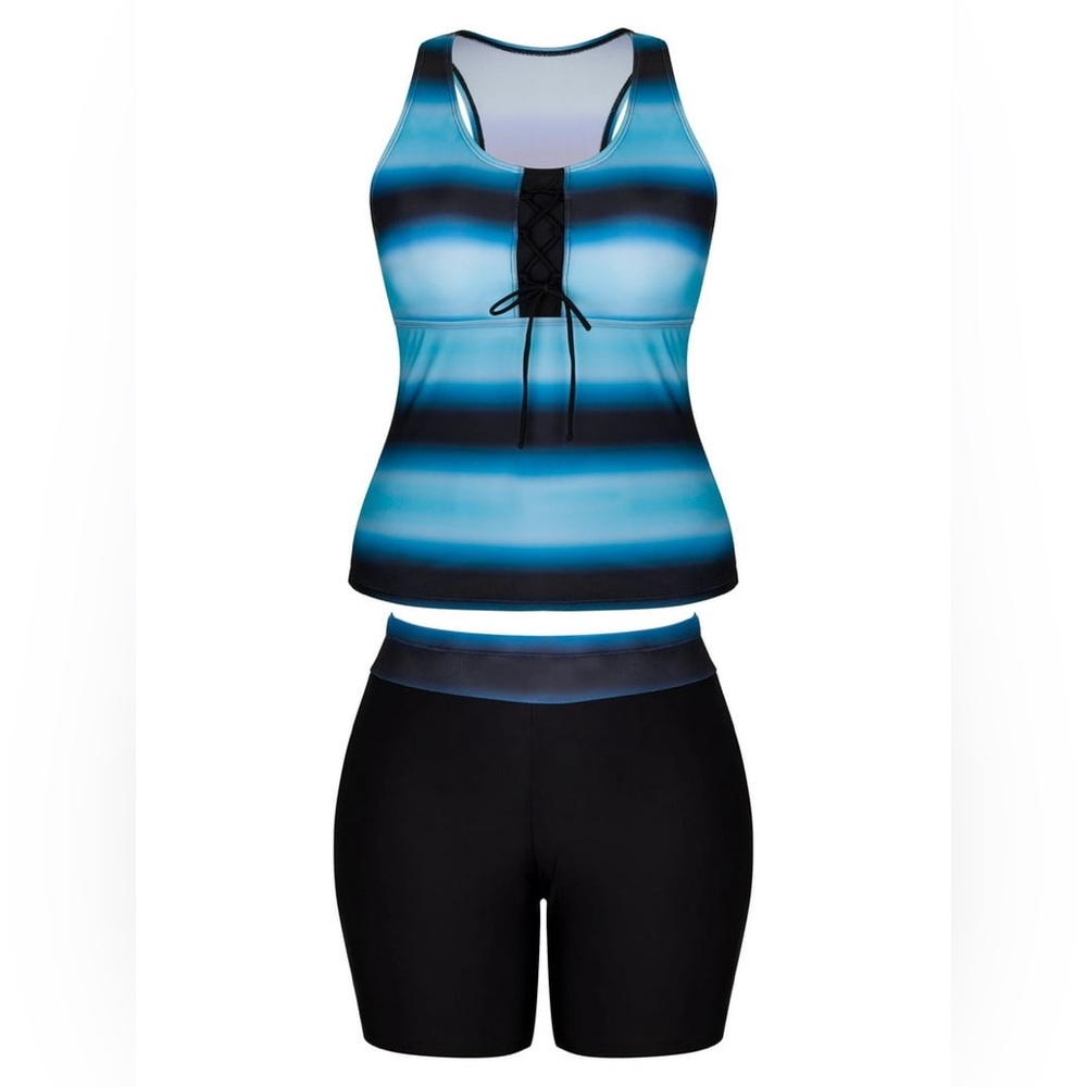 Chama Plus Size Striped Tankini Swimsuit with Boyshort